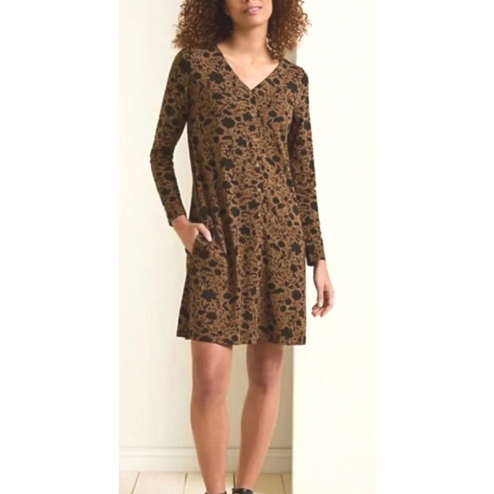 Garnet Hill Phoebe Button Front Floral Dress Brown & Black Size S